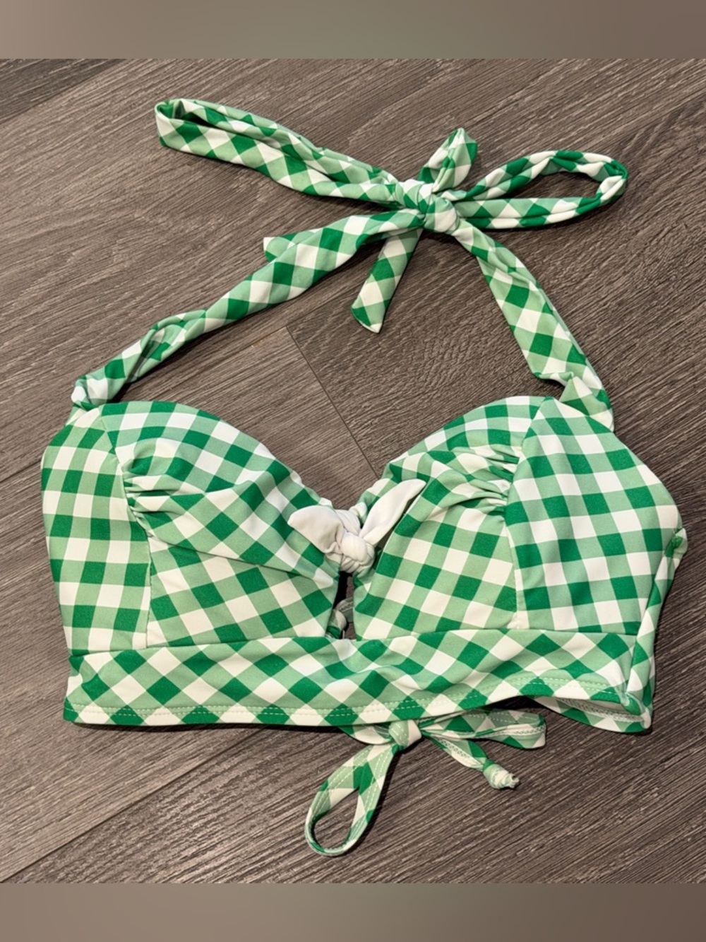 UNIQUE VINTAGE Green Gingham Front Bow Bikini Top Sz S EUC